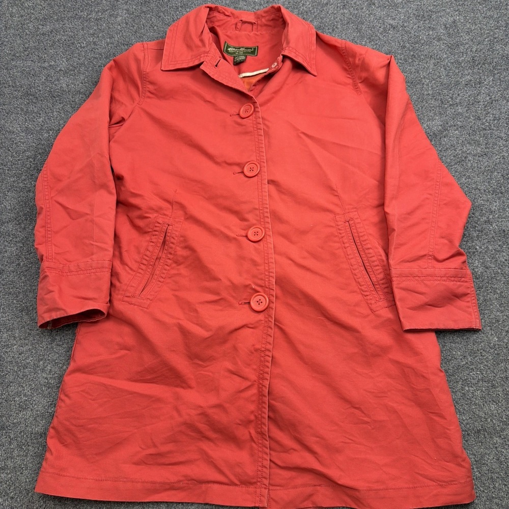 EDDIE BAUER Red Trench Coat Shell Jacket Button Front Vintage Style Womens Large